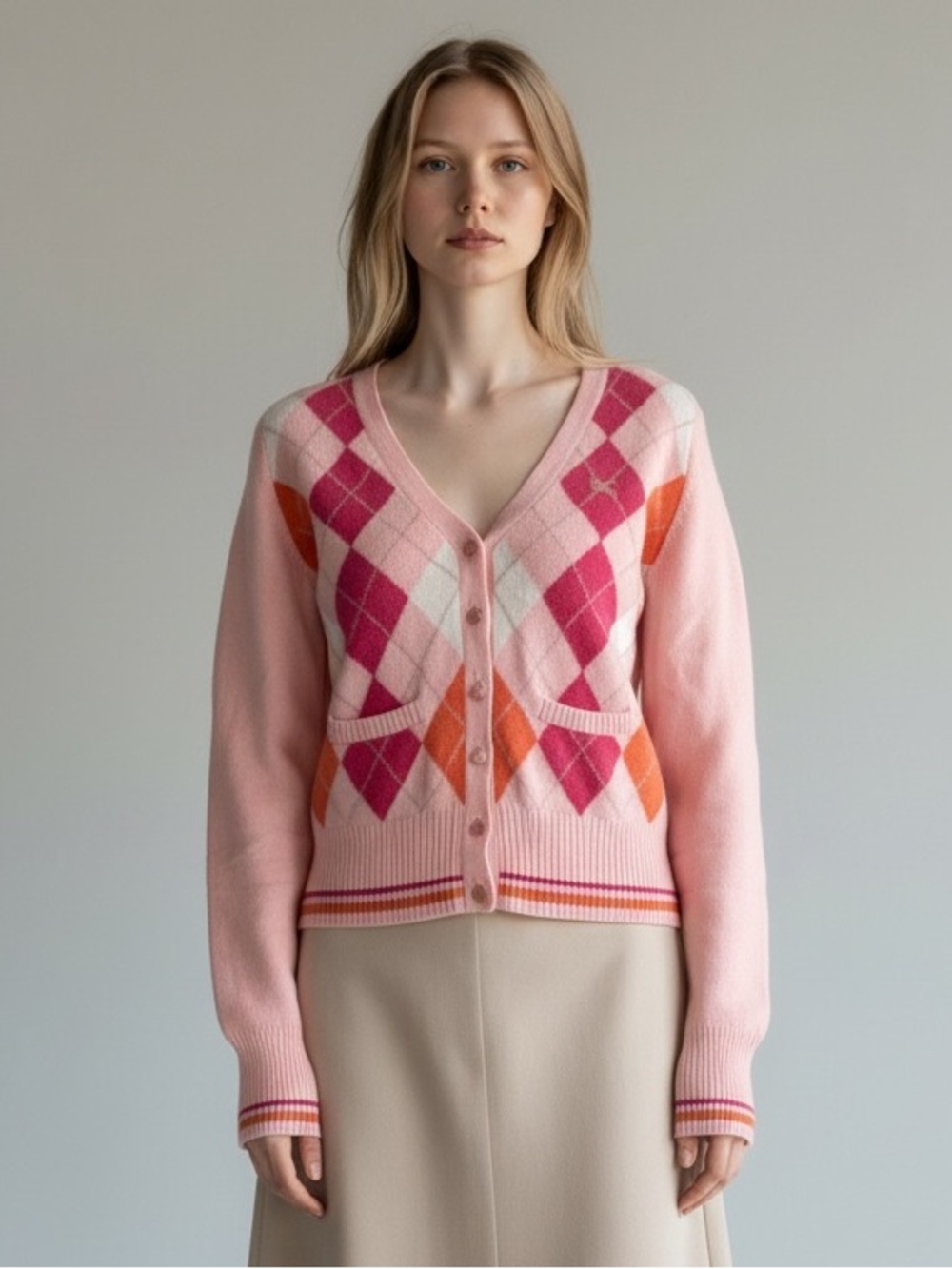 Burberry Pink & Orange Argyle Cashmere Cardigan